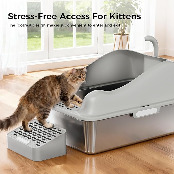 GTPLAYER Stainless Steel Litter Box for Big & Multiple Cats, Easy Clean Odor-Resistant Design, High Sided Leak-Proof Litter Box with Mat & Scoop, Light Gray