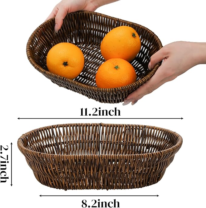 3 Pack Wicker Bread Basket, 11 Inch Woven Oval Food Baskets for Serving, Tabletop Stackable Pantry Organizer Bin for Home Kitchen, Restaurant, Bakery, Fruit Vegetable Storage, Brown