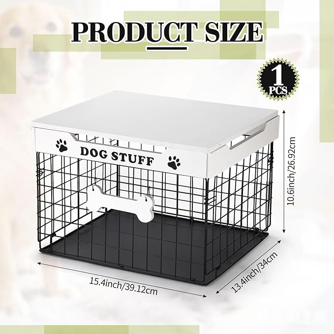Dog Toy Bin Basket with Lid, 15.4'' Large Metal Dog Toy Storage Box with Bone Handle, Organizer Chew for Living Room, Farmhouse Food Storage Organizer for Leash Chew Blankets Clothes(White)