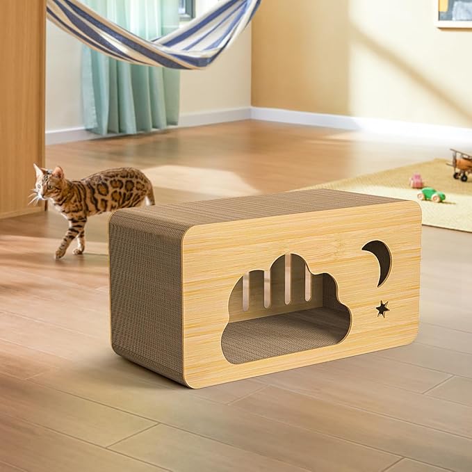 Cardboard Cat Scratcher House for Indoor Cats,2 in 1 Cardboard Cat House Durable and Sturdy Cat Scratching Post Cat Scratching Board Cat Scratchers for pet to Scratch, Rest and Play, Easy to Assemble