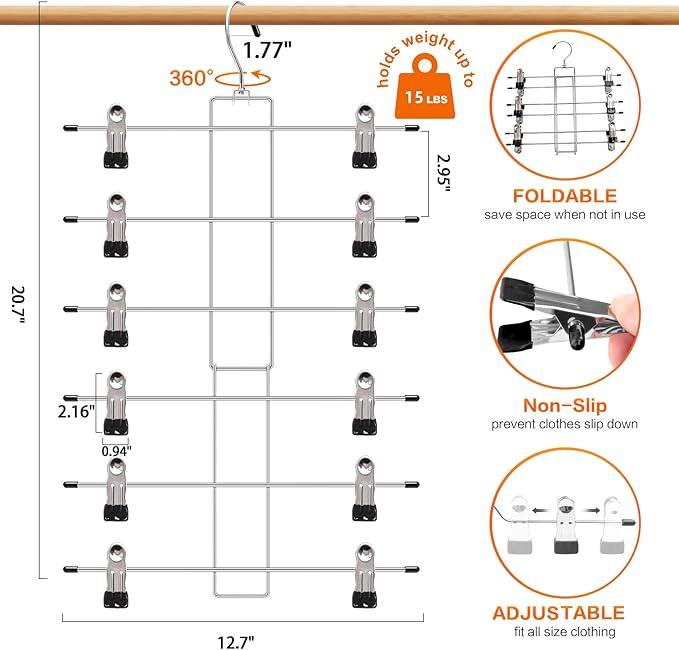 3 Pack Pants-Hangers-Space-Saving,6 Tier-Closet-Organizers-and-Storage Skirt Hangers with Clips,Closet-Organizer-Clothes-Organization-and-Storage Jeans Scarf Hangers,College-Dorm-Room-Essentials Decor