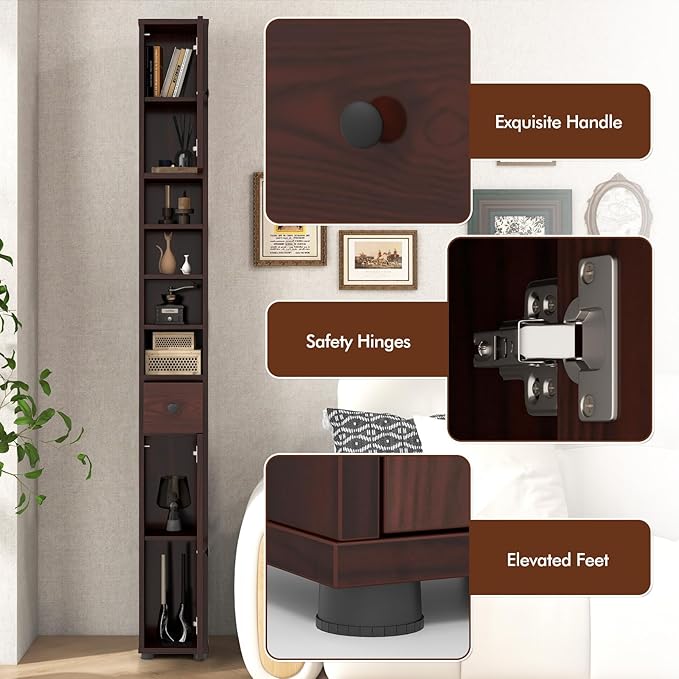 GOFLAME 71” Tall Bathroom Storage Cabinet, Narrow Freestanding Organizer with 1 Drawer, 2 Doors & 5 Open Shelves, Slim Bathroom Cabinet for Small Space, 8" x 8" x 71", Brown