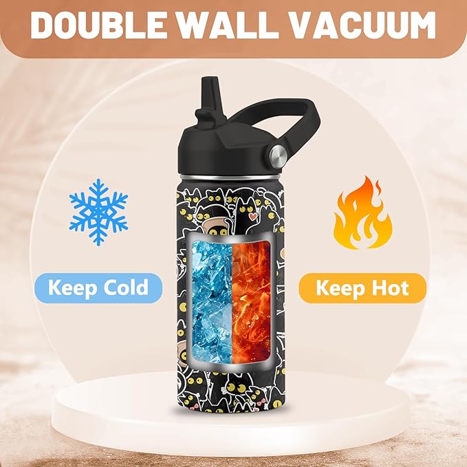 Cat Gifts for Boys Girls, 16 oz Water Bottle with Straw Lid, Stainless Steel Insulated Tumbler, Cute Cats Water Bottle for Cats Lovers, Black Cat Cup Gifts for Birthday Christma (1pcs)
