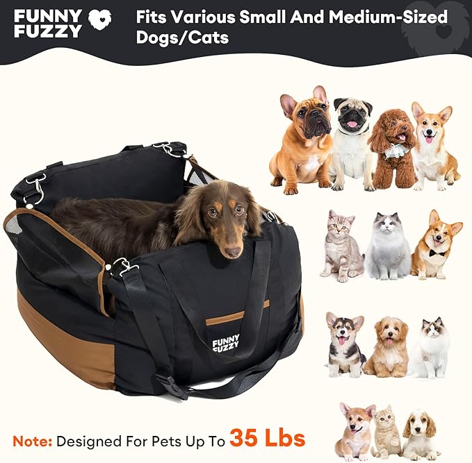 FUNNY FUZZY Waterproof Dog Car Seat for Small & Medium Dogs Up to 35lbs, Detachable & Washable Pet Booster Seat with Leash, Thick Cushion, Storage Pockets & Adjustable Straps (Black)