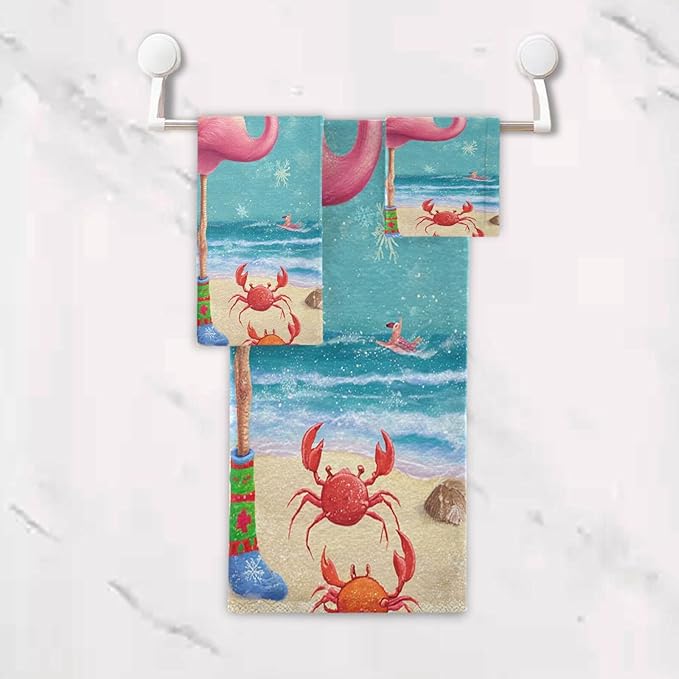 Pfrewn Christmas Winter Towels Set of 3 Christmas Tropical Flamingo Palm Tree Crab Bathroom Towel Soft Absorbent Bath Hand Towels Washcloth Guest Towel Sets Xmas Holiday Decor