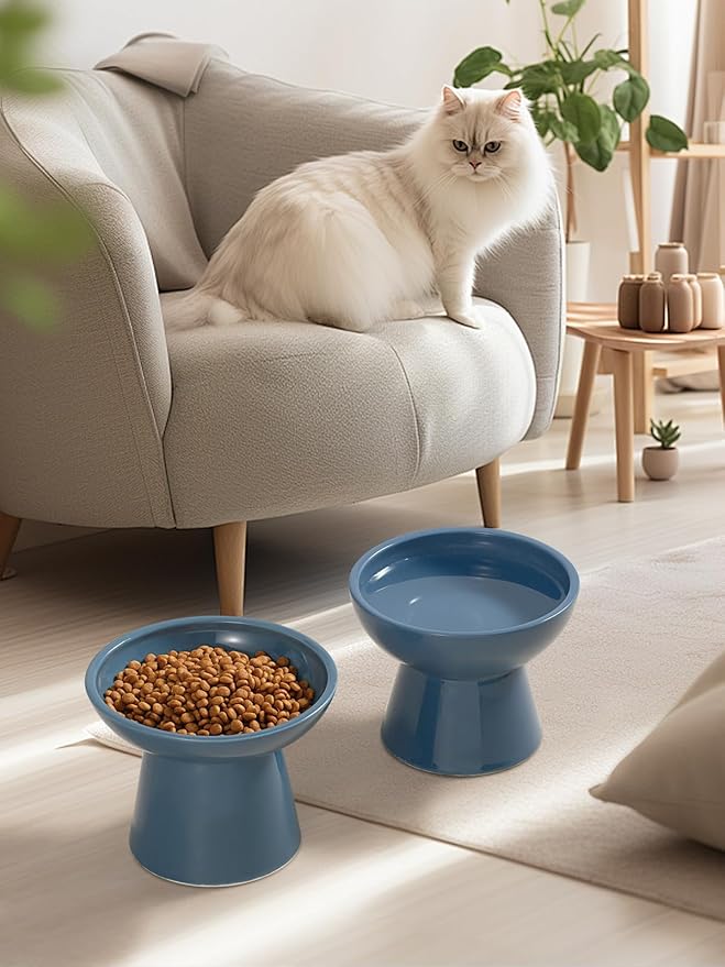 LoeJan Elevated Cat Food and Water Bowls Set, Extra Wide and Raised Ceramic Feeder, Anti-Vomit Whisker-Free Pressure Feeding Bowl for Kittens Adult Small Dogs (Deep Blue, Food Bowl)