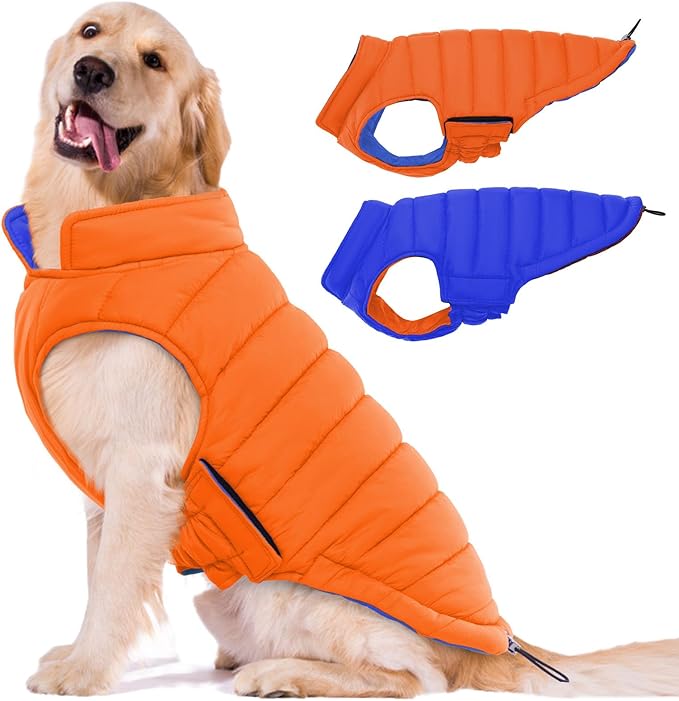 Lelepet Reversible Dog Coat Waterproof Dog Jacket Windproof Puffer Vest for Winter Warm Lightweight Coats for Large Dogs Adjustbale Hook & Loop Pet Apparel with Leash Hole, Boxer, Weimaraner, 2XL
