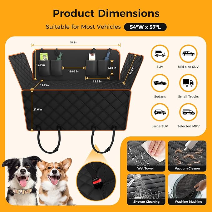 Dog Car Seat Cover for Back Seat,100% Waterproof Scratch Proof Nonslip Seat Cover,600D Heavy Duty Scratch Proof Nonslip Durable Soft Dog Hammock for Car for Cars Trucks and SUVs（Orange