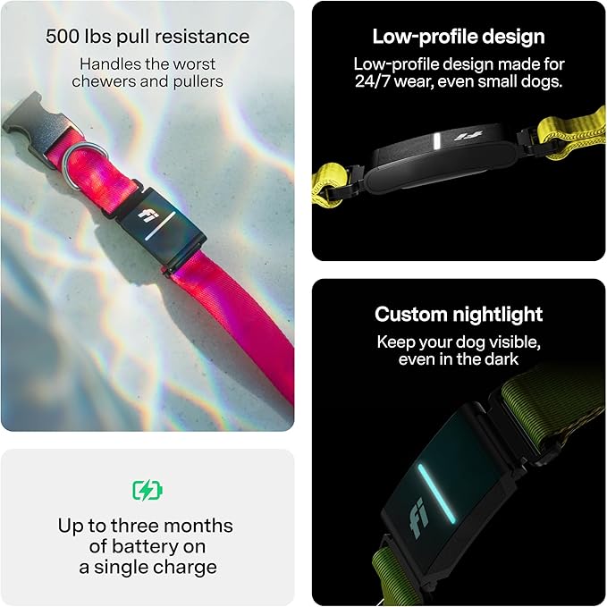 New Fi Series 3+ Smart Dog Tracker Collar [12 Month Membership Included] GPS Tracker for Dogs with Health & Behavior Monitoring, Escape Alerts, Waterproof, LED, Apple Watch Compatible (Pink, X-Large)