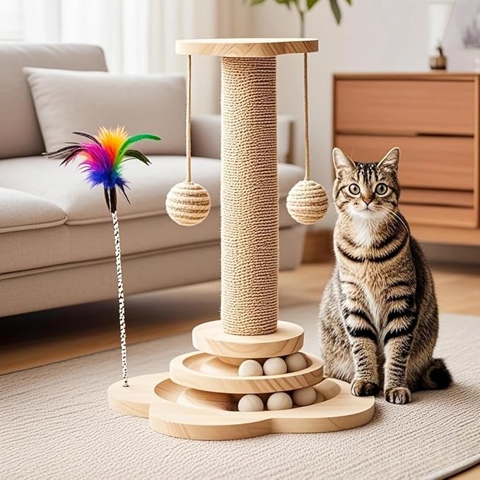 Cat Scratching Post 16'' Tall Cat Scratching Posts for Indoor Cats Adults with Hanging Ball and Interactive Wooden Ball Sisal Rope Cats Scratch Post