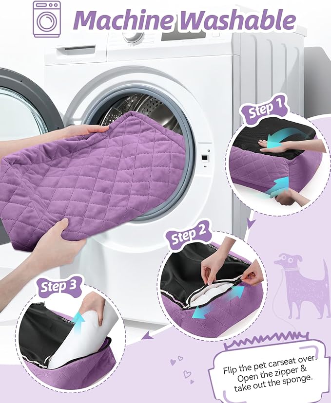 Dog Car Seat,Pet Booste Bed with Seatbelt,Washable Dog Car Travel Bed Easy to Assemble, Clip-On Safety Leash and Storage Pocket (Purple)
