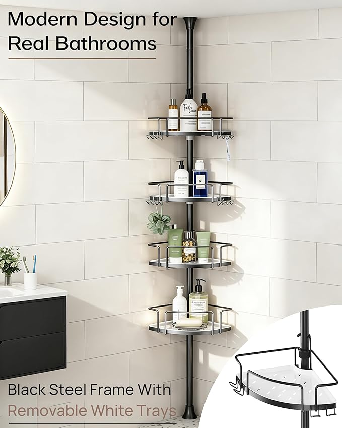 ALLZONE Corner Shower Caddy Tension Pole, 4 Repositionable Hang-On Baskets with Mixed-Height Shelves for Various Bottle Sizes, 4 Dual Hooks & Soap Holder, Rustproof Stainless Steel, Fits 34–116 Inch