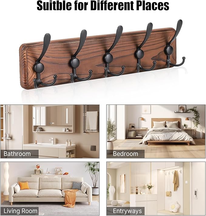 Rustic Wall Mount Coat Rack, Coat Hooks Wall Mount Wood Coat Rack with 5 Triple Hooks, Heavy Duty Wooden Wall Mounted Coat Hanger for Entryway, Farmhouse Hanging Coats, Hats, Bags,Towels