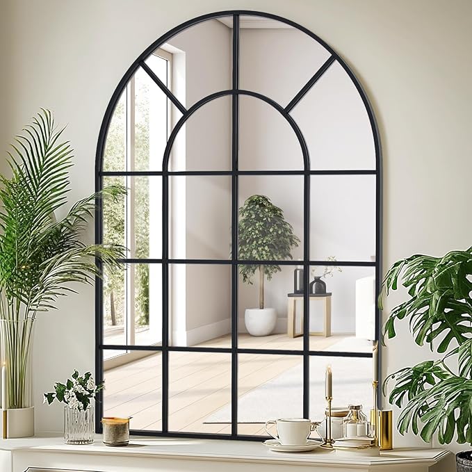 Arched Windowpane Wall Mirror 30"x40" Black Wall Mounted Art Pane Mirror Farmhouse Decorative Mirror Leaning Hanging Wall Mirror for Bedroom Living Room Entrance Hallway Wall Decor