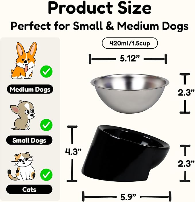 Tilted Dog Bowl for Flat-Faced & Senior Dogs, 15° Slanted Stainless Steel Dog Food Bowl, Elevated Pet Feeder for Small & Medium Dogs, Comfortable Eating Design (Black, M (420 ML / 1.5 Cups))