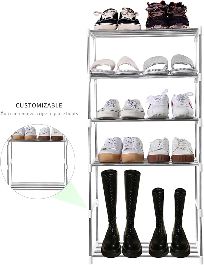 Stackable Small Shoe Rack, Entryway, Hallway and Closet Space Saving Storage and Organization (4-Tier, White)
