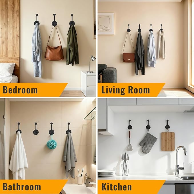 6 Pack Wall Hooks for Hanging, Heavy Duty Coat Hook Wall Mount, Easy to Install Metal Closet Hooks, Apply to Bathrooms, Bedrooms, Living Rooms, Entrances (Black)