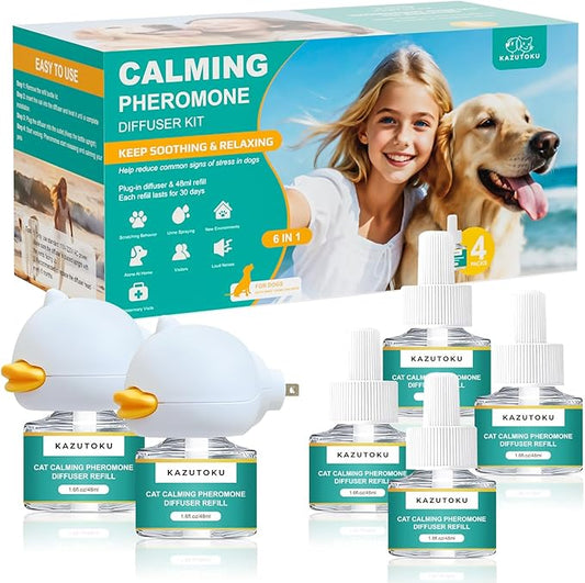 Dog Calming Pheromones Diffuser, 6 in 1 Kit Appeasing Pheromone Diffuser to Calm Dogs, with 2 Plug in Diffuser+4 Refill 48ml, Reduce Aggression Fighting Scratching Barking Stress, 120 Days Supply
