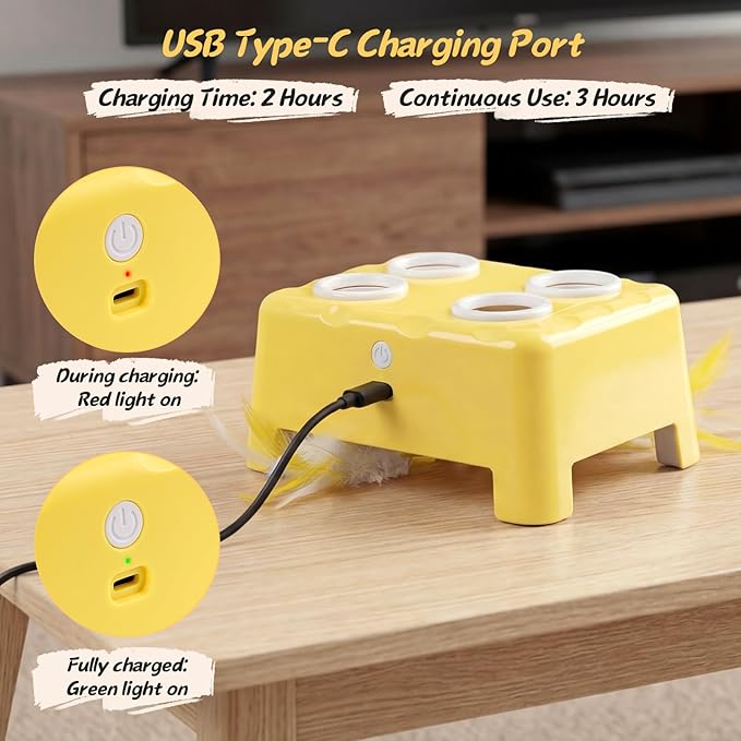 2-in-1 Cheese Box Shaped Interactive Cat Toys for Indoor Cats – 4-Hole Mole & Rotating Feather | USB Rechargeable Electronic Cat Toy for Bored Indoor Adult Cats & Kittens, Cat Whack a Mole Toy, Yellow