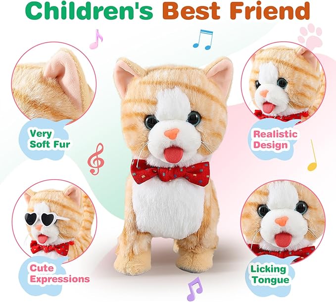 Yellow Walking Cat for Girls Set Toy Talking Singing Animated Robot Kitty Interactive Plush for Cat for Kids Kitten Robotic Plush That Meow and Purrs Electric Robot for Toddlers Baby