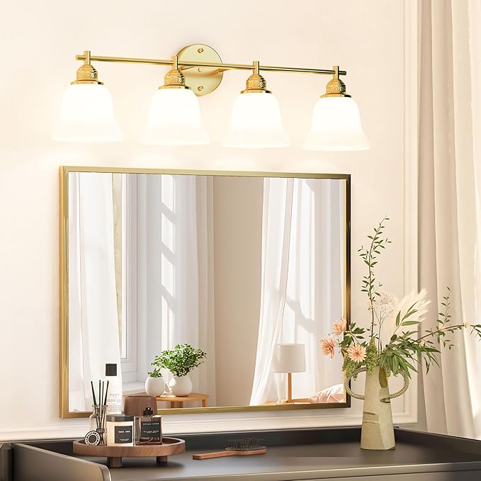 Gold Bathroom Vanity Light Over Mirror - 4 Light Wall Sconce with Frosted Glass Shades, Mid Century Farmhouse Bathroom Light Fixtures for Bedroom, Hallway (Gold Finish)