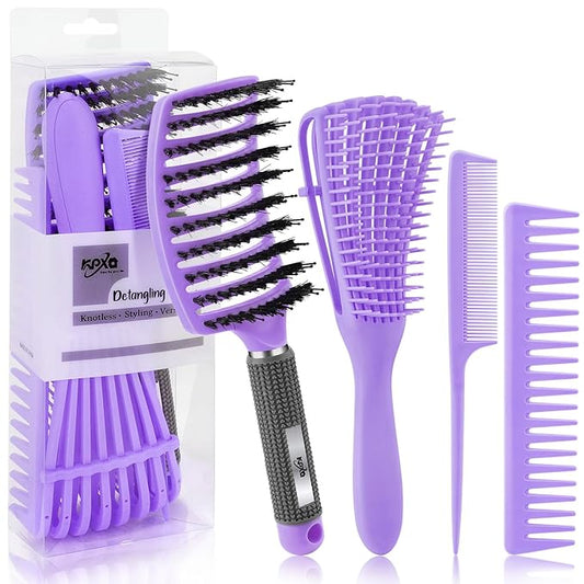 4pcs Curly Detangling Brush Set for Adult & Kids Wet or Dry, 3/4ABC Hair with Wide Tooth Comb (4, Purple)