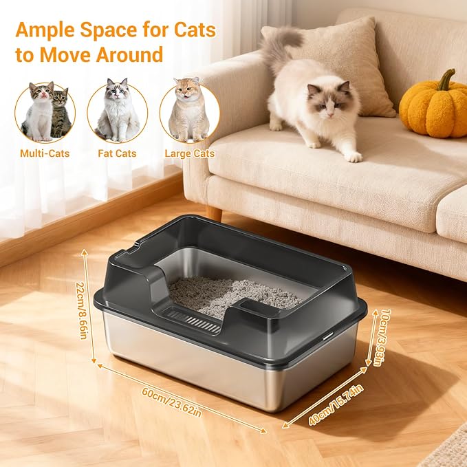 Enclosed Stainless Steel Cat Litter Box with Lid, XL Extra Large Litter Box for Big Cats, Metal Litter Pan High Sided, Never Absorbs Odors, Anti-Urine Leakage, Easy Cleaning, Include Scoop