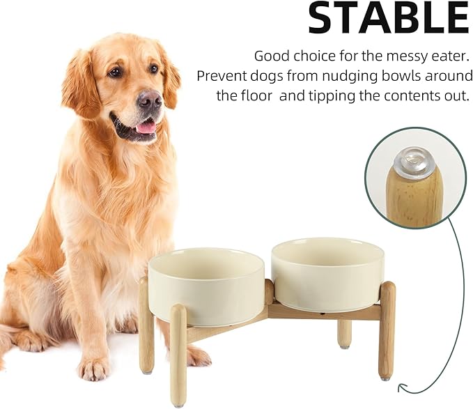 Ceramic 7.3inch Raised Double Bowls Set with Wooden Stand, Food & Water Bowls for Medium Breed Dogs, Weighted Dog Dishes, Pet Feeder(Light Yellow)