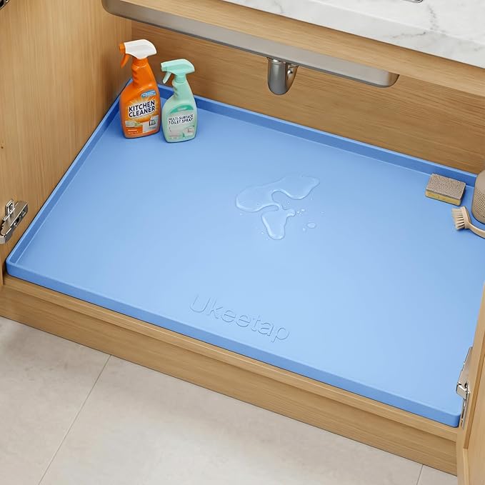 Extra Thick Silicone Mat Waterproof with Raised Edge 34" x 22", Under Sink Mat for Kitchen & Bathroom, Kitchen Cabinet Liner, Multi-Purpose for Storage & Protection, Blue