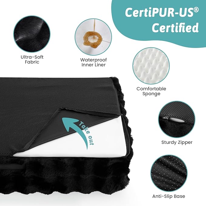 Faux Fur Orthopedic Dog Bed, Dog Bed for Large Size, Supportive Foam Pet Sofa with Waterproof Lining Cover, Washable U-Shaped Pet Couch with Anti-Slip Bottom, Black L 36x27x6.5 inch