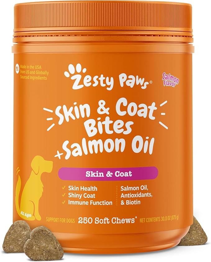 Zesty Paws Salmon Oil for Dogs Skin and Coat, Omega 3 Fish Oil Chews, Dog Allergy Relief Chews, Itch Relief Supplement, 250 Count, Salmon Flavor