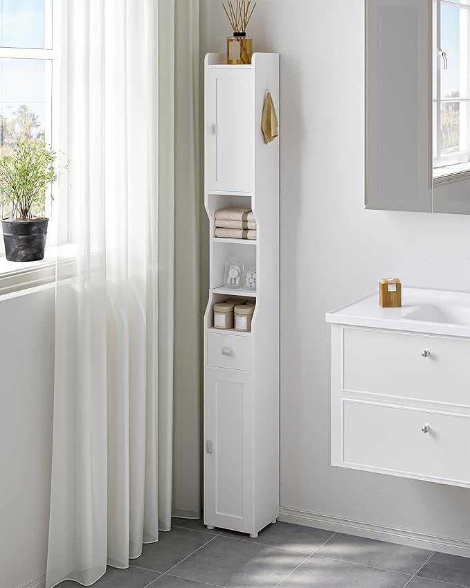 Bathroom Storage Cabinet, Narrow Tall Bathroom Cabinet, Freestanding Floor Cabinets with 2 Doors and 1 Drawer, Toilets Organizer with Adjustable Shelf, 1 Hook for Small Spaces, White