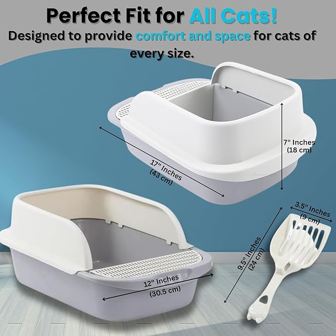 Large Open-Top Cat Litter Box with High Sides, Enclosed Scatter Shield Design, Easy Clean Plastic Litter Pan, Includes Scoop (Grey)