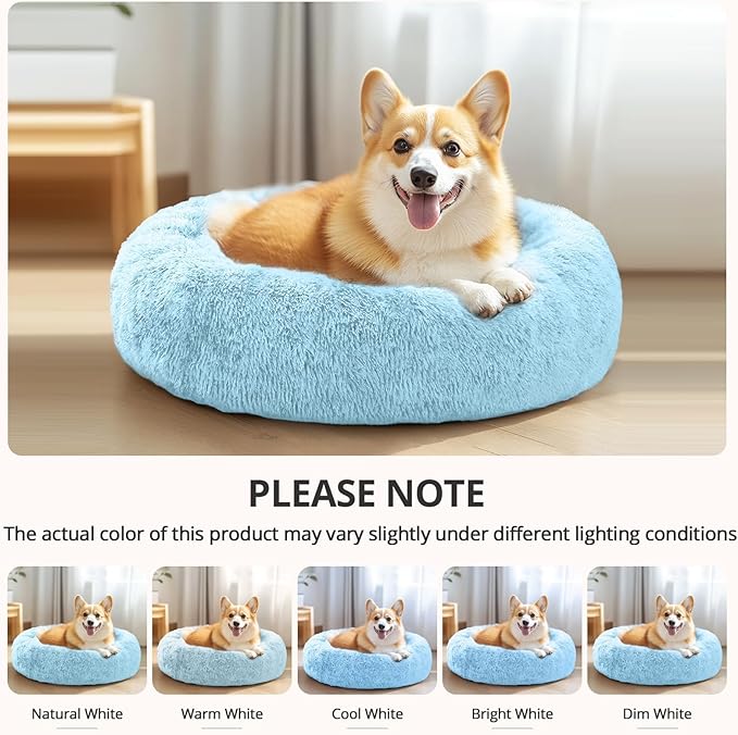 Calming Donut Dog Bed — Medium 31", Anti-Anxiety Faux Fur, Washable (Light Blue)