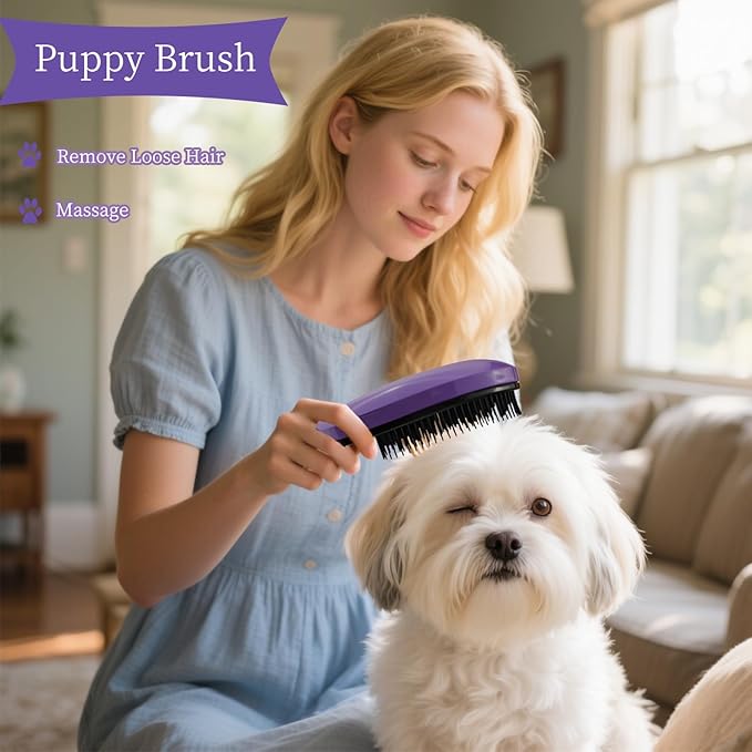Comma-Shaped Small Dog Brush and Cleaning Comb, Fit for Yorkie, Shih Tzu, Maltese Maltipoo Pomeranian - Gentle Soft Bristles for Effortless Pet Hair Removal, Puppy Essentials (Purple）