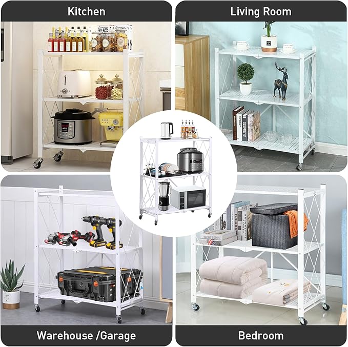 Folding Shelf Foldable Shelves with Wheels - Folding Shelves No Assembly, Collapsible Shelf Unit Display, Kitchen Organizers and Storage, Pop Up Heavy Duty Rack , 3-Tier White 28"D x 14"W x 34"H