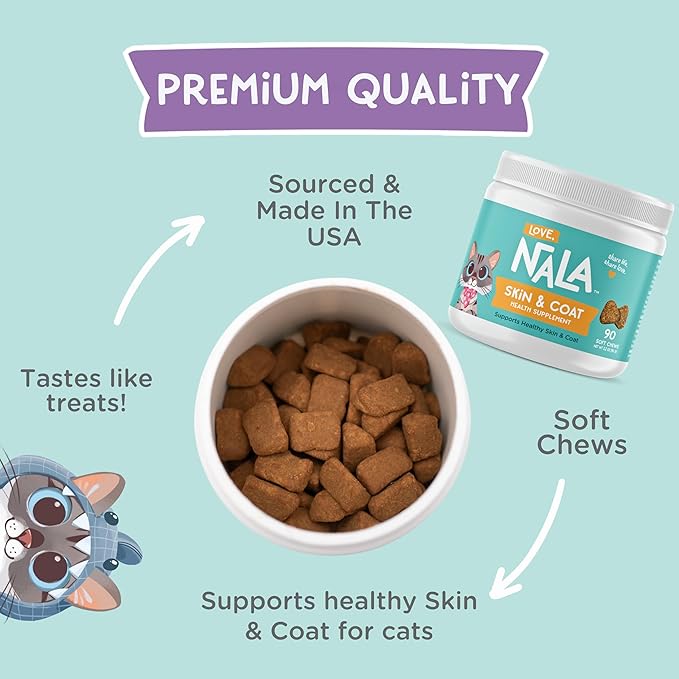 LOVE, NALA - Skin and Coat Supplement for Cats - 90 Tasty Soft Chews - Omega 3 Fish Oil, Biotin, Vitamin E Supports Skin & Fur Health - 3.2 oz