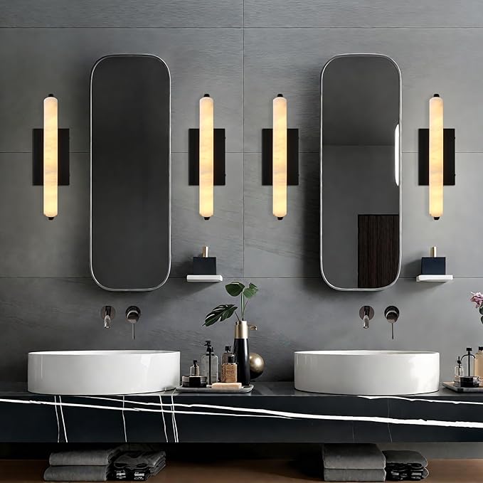 Alabaster Wall Sconces, 15" Black Alabaster Sconce, Spanish Natural Marble Bathroom Vanity Sconces, Rectangle Modern Sconces Lighting for Bedroom Living Room Staircases Hallway
