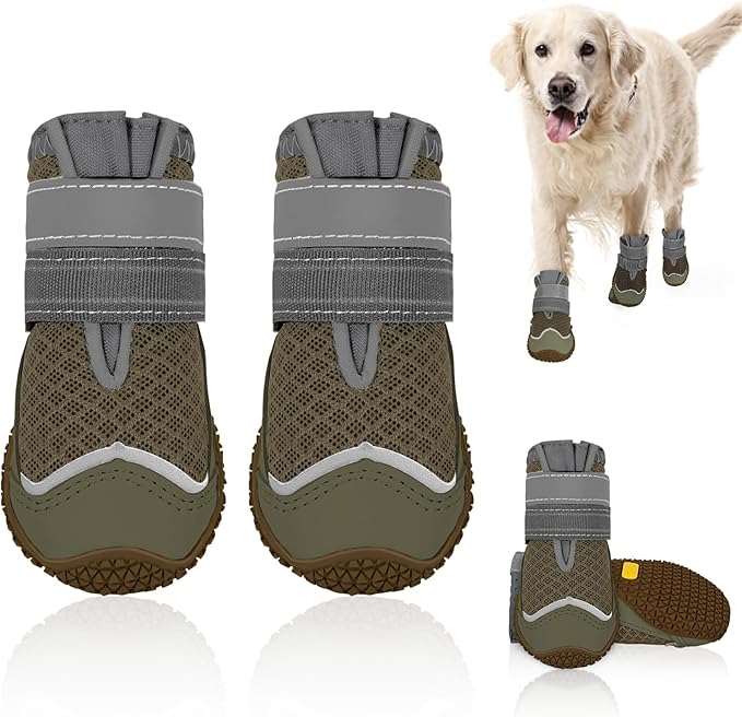 SlowTon Dog Shoes for Large Small Medium Dogs - Breathable Dog Boots for Summer Hot Pavement, Paw Protector for Outdoor Walking Winter Snow, Anti-Slip Rubber Dog Booties for Hardwood Floor (Brown, 1)