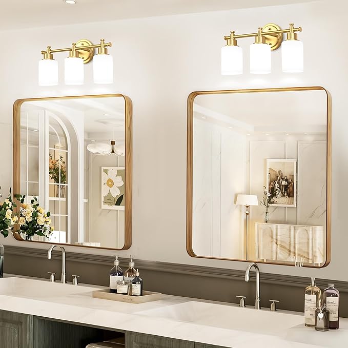3-Light Gold Bathroom Vanity Light Fixtures, Brushed Gold Wall Sconce, Champagne Gold Vanity Light with Milky White Glass Shade Over Mirror, Bathroom, Bedroom, Modern Style, E26 Base