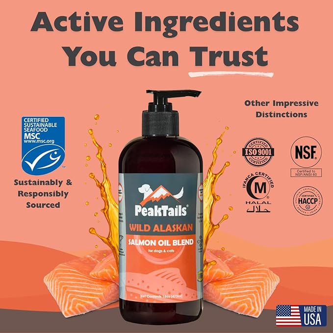 PeakTails Wild Alaskan Omega-3 Blend – Pollock + Salmon Oil for Dogs – Natural Fish Oil with Omega 3 & 6 – Skin & Coat Support – Made in USA – 2 oz Trial Size