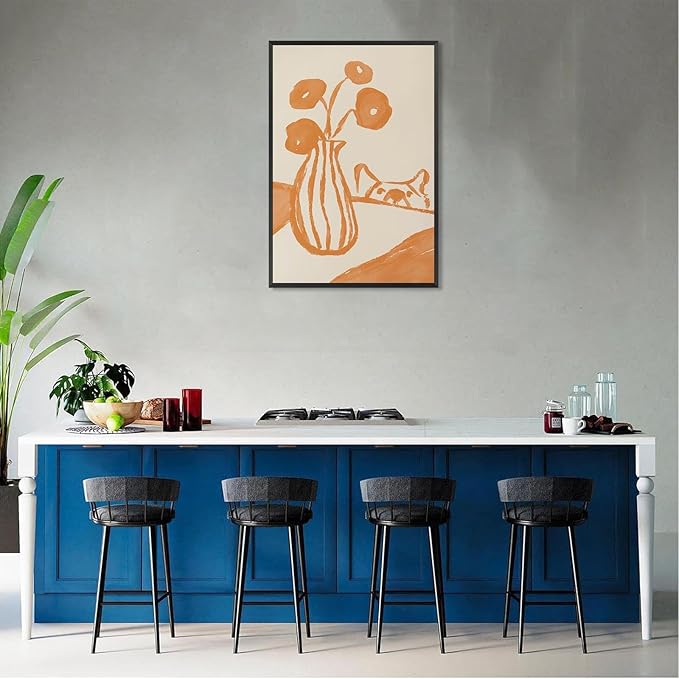 Funny Sneaky Dog Poster Retro Still Life Kitchen Canvas Wall Art Modern Abstract Floral Watercolor Animal Prints Painting For Living Room Kitchen Dining Room Wall Decor 24x36in Framed