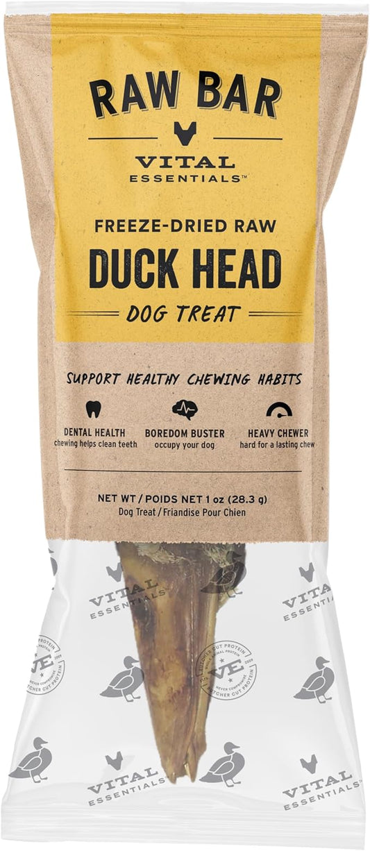 Vital Essentials Freeze-Dried Raw Duck Head Dog Treat & Long-Lasting Natural Chew, 1-Pack | Single Ingredient Dog Treat for Aggressive Chewers | Made in USA