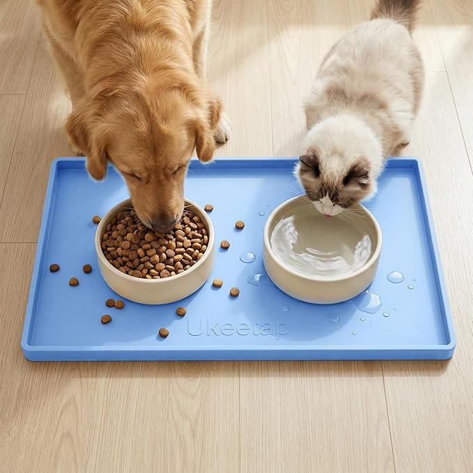 Extra Thick Silicone Mat Waterproof with Raised Edge 19” x 12”, BPA Free Non-Slip Dog & Cat Food Mat, Feeding Mat for Food and Water Bowls, Spill Proof Mat to Protect Floors, Blue