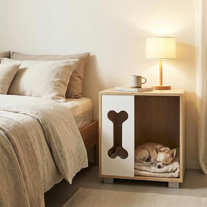 PETSITE Wooden Dog House for Small Sized Dogs, Indoor Dog Cage Nightstand Side End Table with Anti-Slip Robust Metal Legs and Spacious Tabletop, 17 x 16 x 19.5 Inches