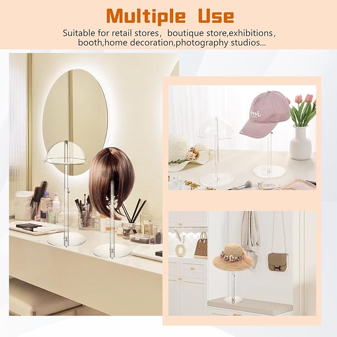 Hat Display Stands, 8" to 16" Adjustable Height Acrylic Cowboy Hat Holder Stand, Clear Durable Domed Baseball Cap Holder Hat Rack with Brim, Wig Holder Display Stands for Vendors Salons Closet