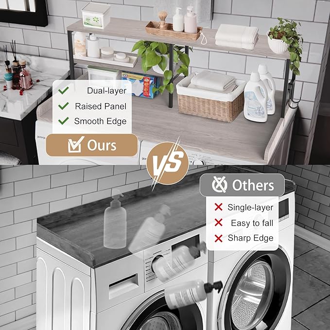 Washer and Dryer Countertop with Shelf, 2-Tier 54" x 27.5" Wood Laundry Countertop, Washer Dryer Topper with High Edge Rails and Hooks, Non-Slip Pads, Waterproof & Heat Resistant Top (Gray)