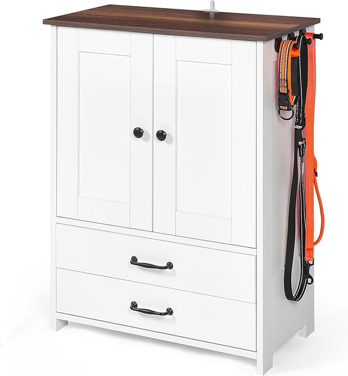 Pet Feeding Station with Storage Cabinet - Dog Food Organizer with Pull-Out Drawers, Adjustable Height Bowls & 3 Hooks - 23.6” Pet Storage Cabinet for Dogs & Cats