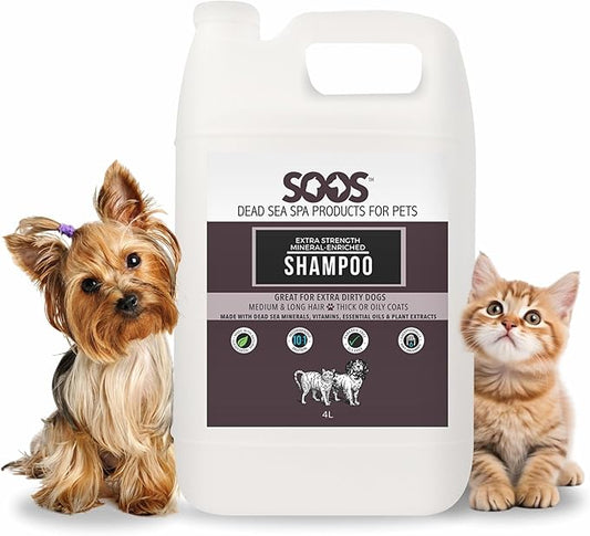 Soos Pet Extra Strength Mineral Enriched Shampoo for Dogs and Cats Natural Dead Sea Mineral Enriched Deeply Absorbing with Vitamins Essential Oils Natural Ingredients - 1x (4L Gallon)