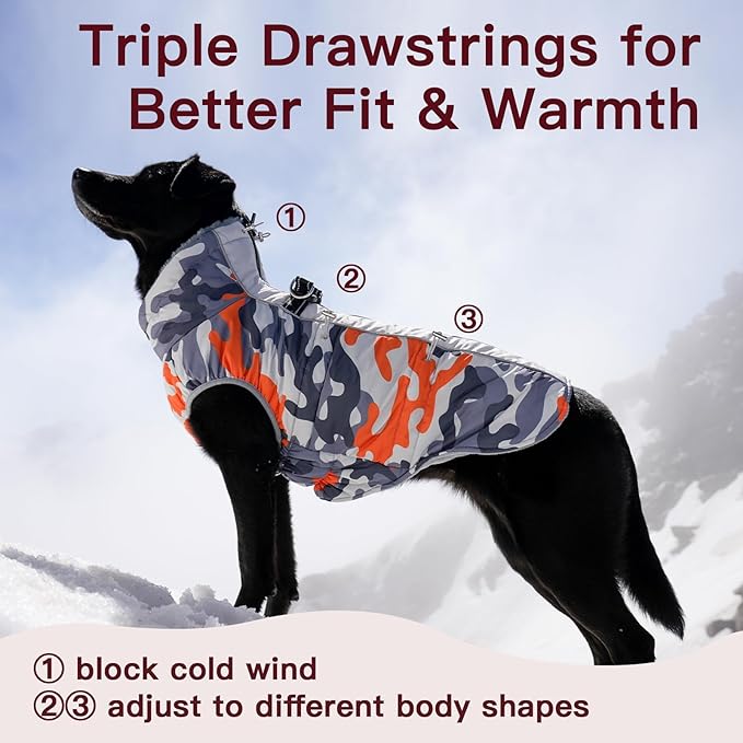 Dog Winter Jacket XX-Large Orange-Camouflage Water-Resistant Dog Coat with Harness for Large Dogs